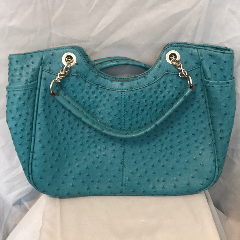Teal bag w/chain handle in vegan ostrich leather
